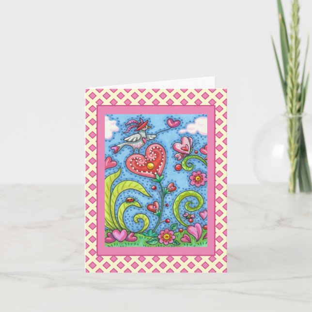 WHIMSICAL FOLK ART BIRD, VALENTINE HEARTS GARDEN HOLIDAY CARD (Front)