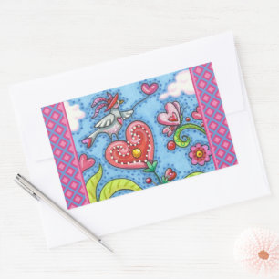 WHIMSICAL FOLK ART BIRD, VALENTINE HEARTS GARDEN STICKER