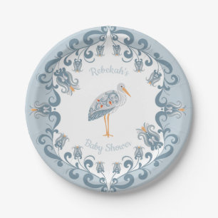 Whimsical Folk Art Blue   Baby Shower Paper Plate