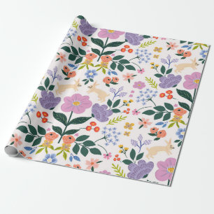 Whimsical Folk Art Bunny & Botanical Garden Wrapping Paper