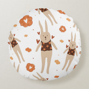 Whimsical Folk Art Bunny Character Seamless Round Pillow