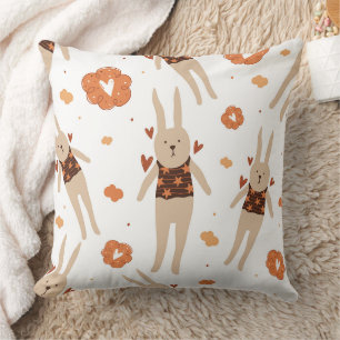 Whimsical Folk Art Bunny Character Seamless Throw Pillow