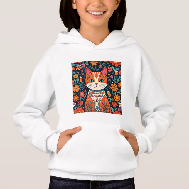 Whimsical Folk Art Cat and Flowers (Front)
