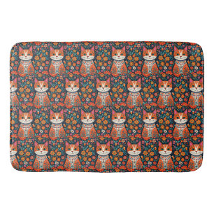 Whimsical Folk Art Cat and Flowers Bath Mat