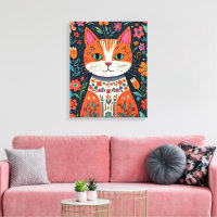 Whimsical Folk Art Cat and Flowers