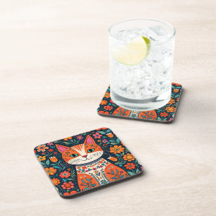 Whimsical Folk Art Cat and Flowers Coaster