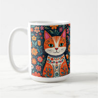 Whimsical Folk Art Cat and Flowers