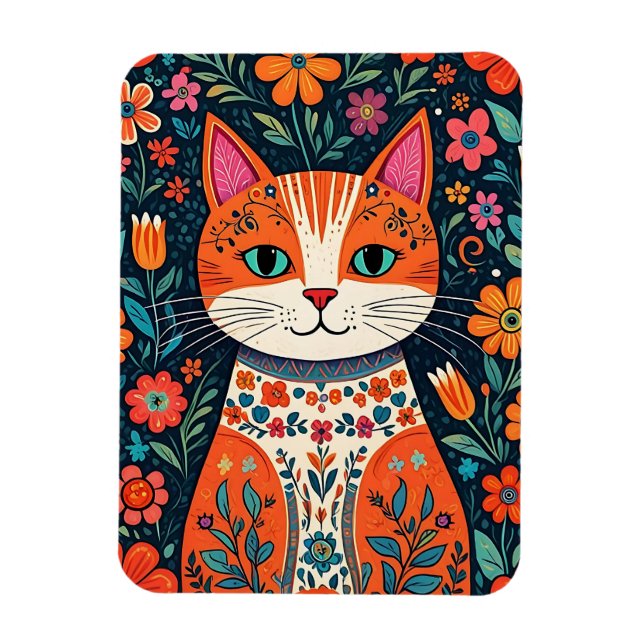 Whimsical Folk Art Cat and Flowers Magnet (Vertical)