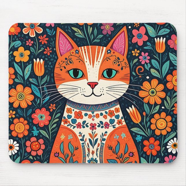 Whimsical Folk Art Cat and Flowers Mouse Pad (Front)