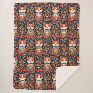 Whimsical Folk Art Cat and Flowers Sherpa Blanket
