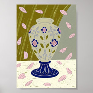 Whimsical Folk Art Ceramic Vase with Falling Pink Poster
