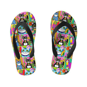 Whimsical Folk Art Colourful Cats Kid's Flip Flops