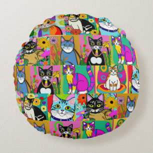 Whimsical Folk Art Colourful Cats Round Pillow