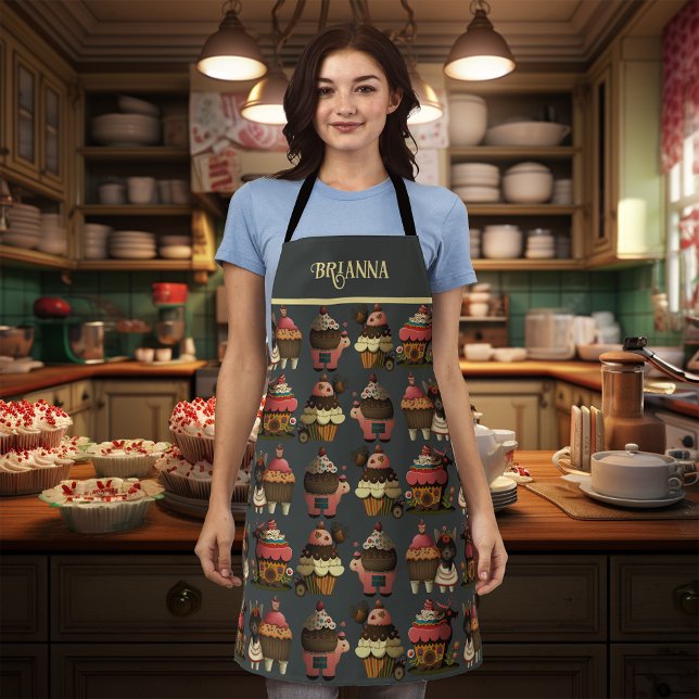 Whimsical Folk Art Cupcakes Personalized Apron (Creator Uploaded)