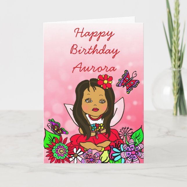 Whimsical Folk Art Fairy Girl Happy Birthday Card (Front)