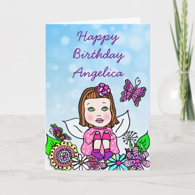 Whimsical Folk Art Fairy Girl Happy Birthday Card (Front)