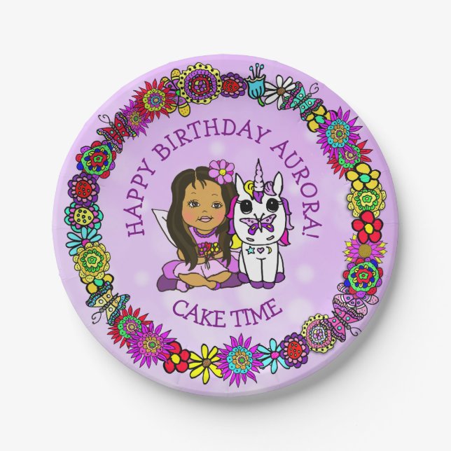 Whimsical Folk Art Fairy with Unicorn &  Butterfly Paper Plate (Front)