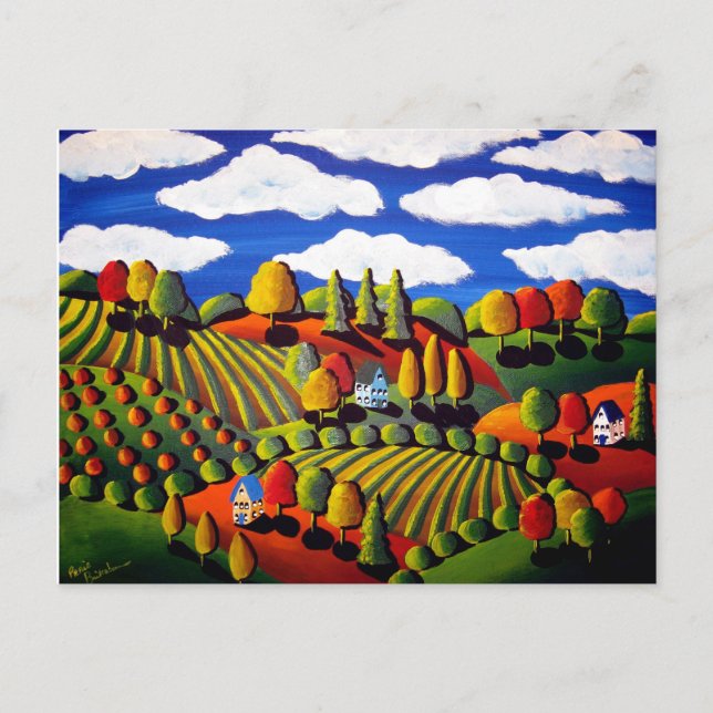 Whimsical Folk Art Fall Landscape Post Card (Front)