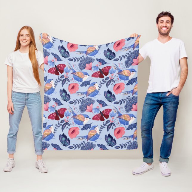 Whimsical Folk Art Floral Pattern Fleece Blanket (In Situ)
