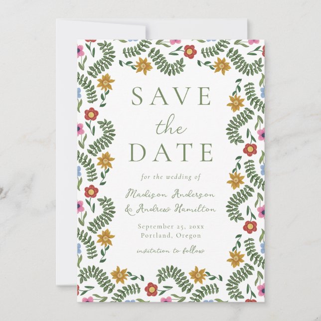Whimsical Folk Art Floral Wedding Save The Date (Front)