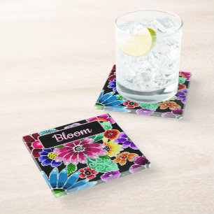 Whimsical Folk-Art Flowers Floral Personalized Glass Coaster