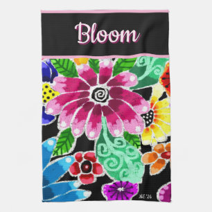 Whimsical Folk-Art Flowers Floral Personalized Kitchen Towel