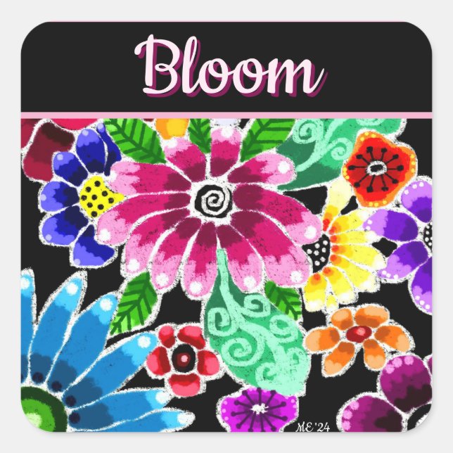 Whimsical Folk-Art Flowers Floral Personalized Square Sticker (Front)