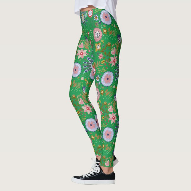 Whimsical Folk Art Flowers on Green Leggings (Left)