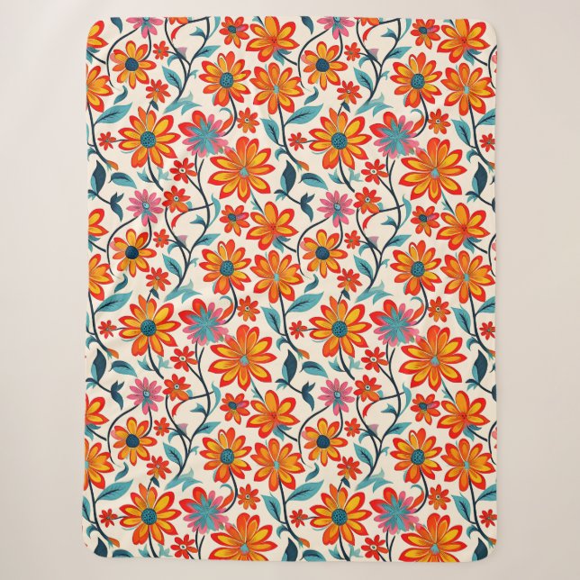 Whimsical Folk Art Flowers  Sherpa Blanket (Front)