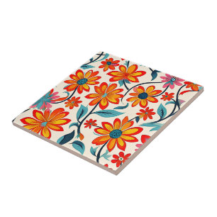 Whimsical Folk Art Flowers Tile