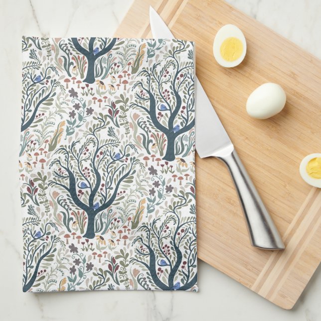 Whimsical Folk Art Forest Earth Tones Kitchen Towel (Quarter Fold)