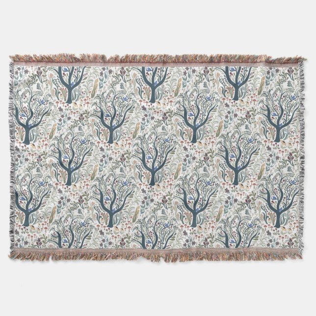Whimsical Folk Art Forest Earth Tones Throw Blanket (Front)