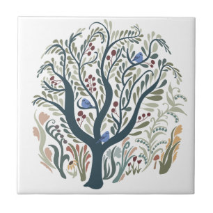 Whimsical Folk Art Forest  Earth Tones Tile
