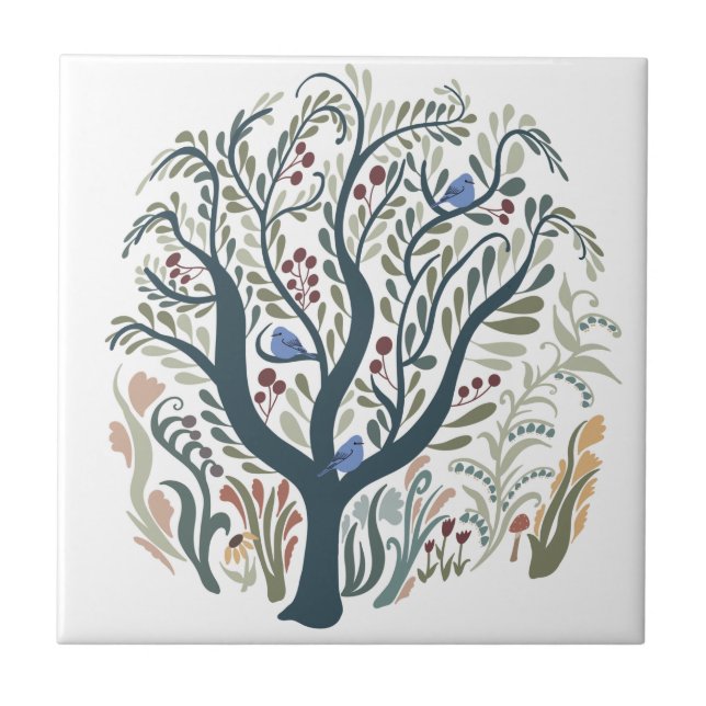 Whimsical Folk Art Forest  Earth Tones Tile (Front)