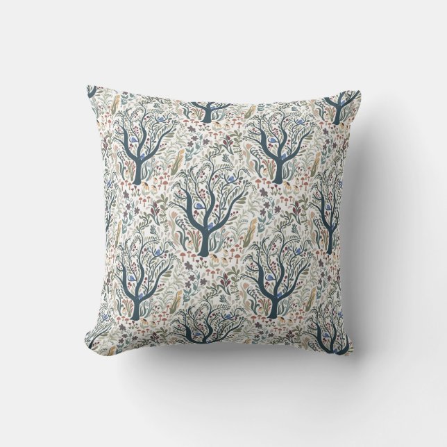 Whimsical Folk Art Forest Throw Pillow Earth Tones (Front)