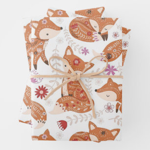 Whimsical Folk Art Fox and Flowers Wrapping Paper Sheet