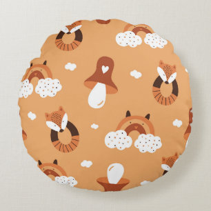 Whimsical Folk Art Fox & Woodland Mushroom Round Pillow