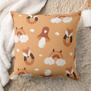 Whimsical Folk Art Fox & Woodland Mushroom Throw Pillow