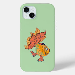 Whimsical Folk Art Goldfish   Boho Swirl Fantasy iPhone 15 Mini Case