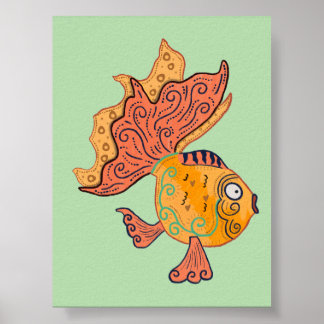 Whimsical Folk Art Goldfish | Boho Swirl Fantasy Poster