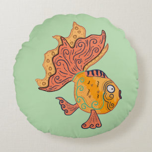 Whimsical Folk Art Goldfish Boho Swirl Fantasy Round Pillow