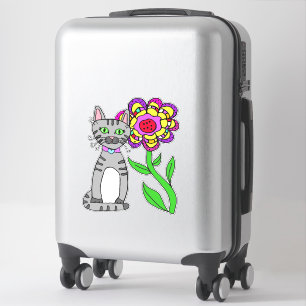 Whimsical Folk Art Grey Cat and Colourful Flower