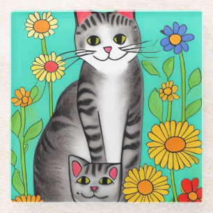 Whimsical Folk Art Grey Cat and Kitten Glass Coaster