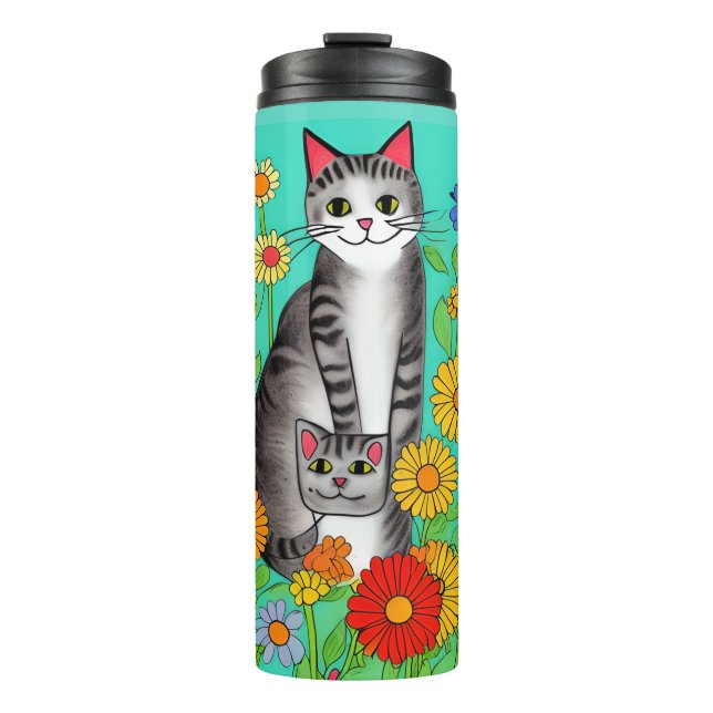Whimsical Folk Art Grey Cat and Kitten Thermal Tumbler (Front)