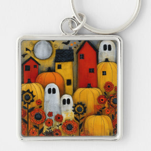 Whimsical Folk Art Halloween Patch Keychain