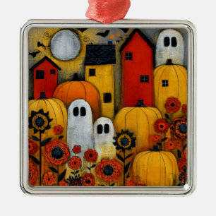 Whimsical Folk Art Halloween Patch Metal Ornament