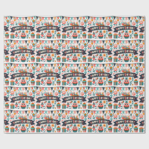 Whimsical Folk Art Happy Birthday Owl Floral Wrapping Paper