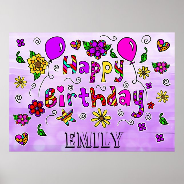 Whimsical Folk Art Happy Birthday  Poster (Front)