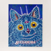 Whimsical Folk Art Painting Blue Cat Lover Name