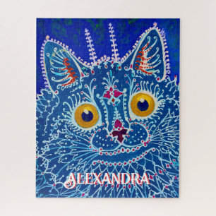 Whimsical Folk Art Painting Blue Cat Lover Name Jigsaw Puzzle